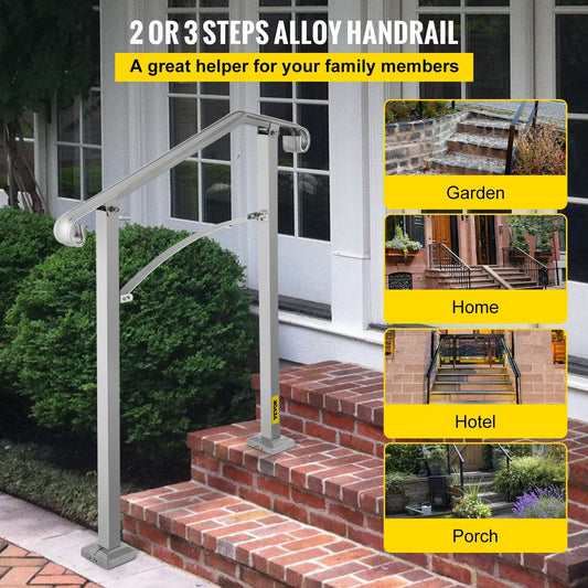Outdoor Stair Railing, Fit 2 Or 3 Steps Alloy Metal Handrailing, Front Porch Flexible Transitional Handrail, Arch Step Rail With Installation Kit, For Concrete Or Wooden Stairs, Silver