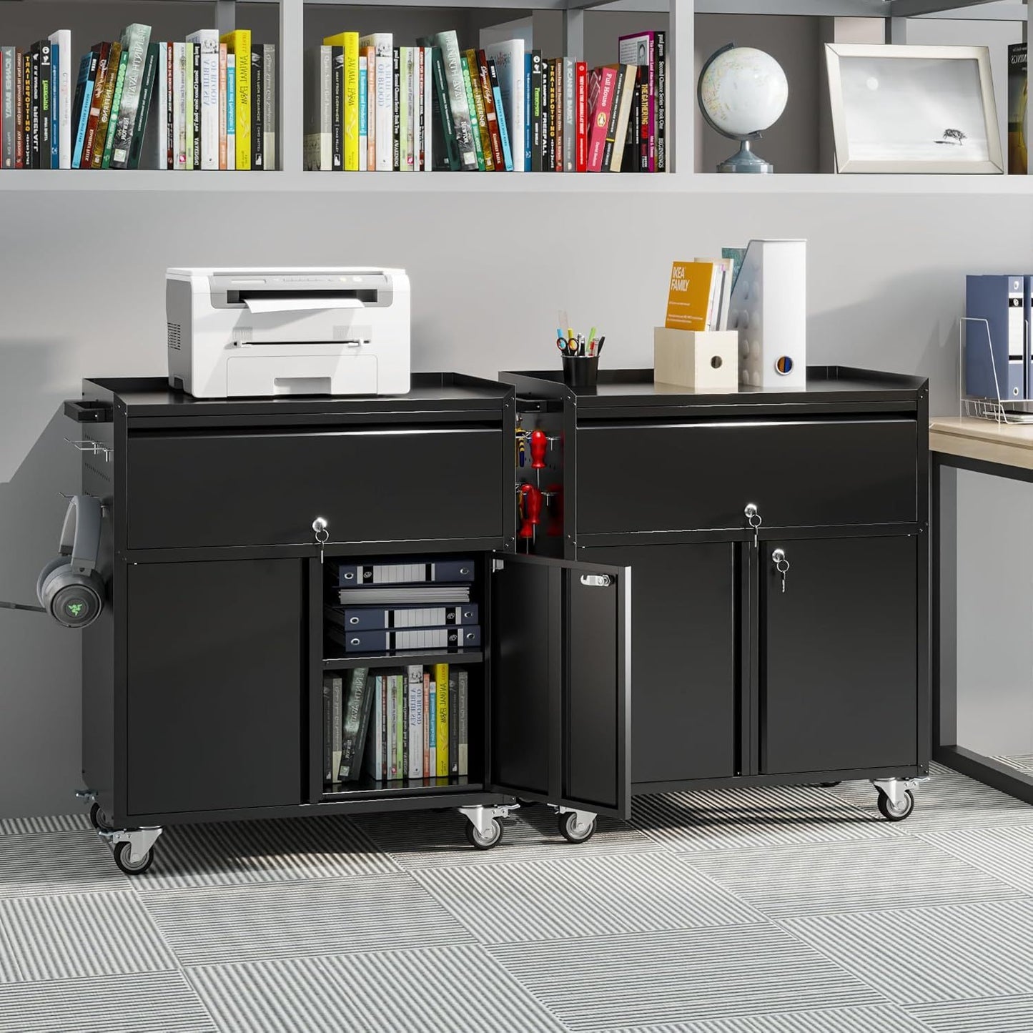 Metal Storage Cabinet On Wheels, Black Rolling Tool Cabinet With Drawer&Pegboard&a Handle&Hooks&Adjustable Shelves For Home Office Garage Warehouse Utility Room, Assembly Required