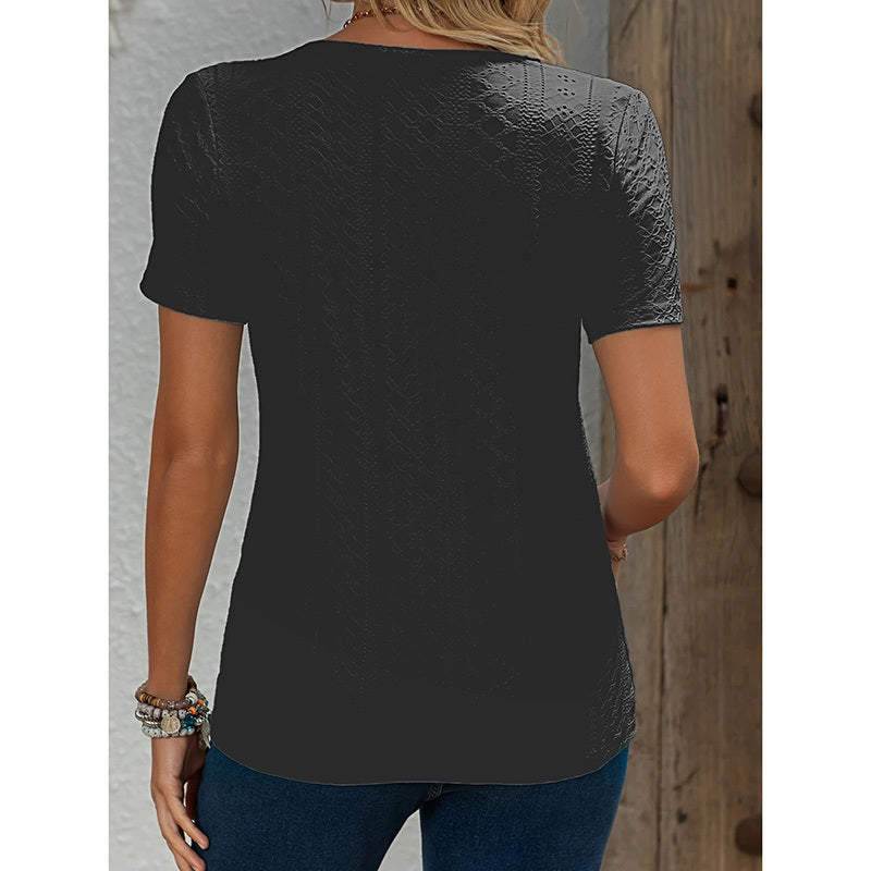 Women's V Neck Short Sleeve Eyelet Tops Summer Casual Loose Fit Button T Shirts