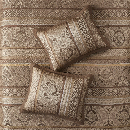 5 Piece Reversible Jacquard Bedspread Set Brown Gold Queen