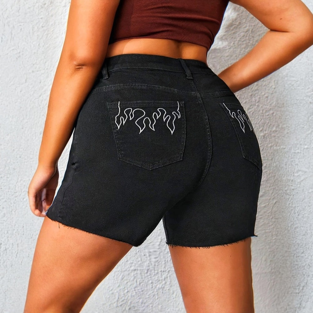 Hip Lifting Elastic Frayed Edge Denim Shorts Retro Tik Tok Popular Shorts Body Shaper With Pockets Flare Jeans Trendy Pattern Design High Waist Forbidden Platform - Temu