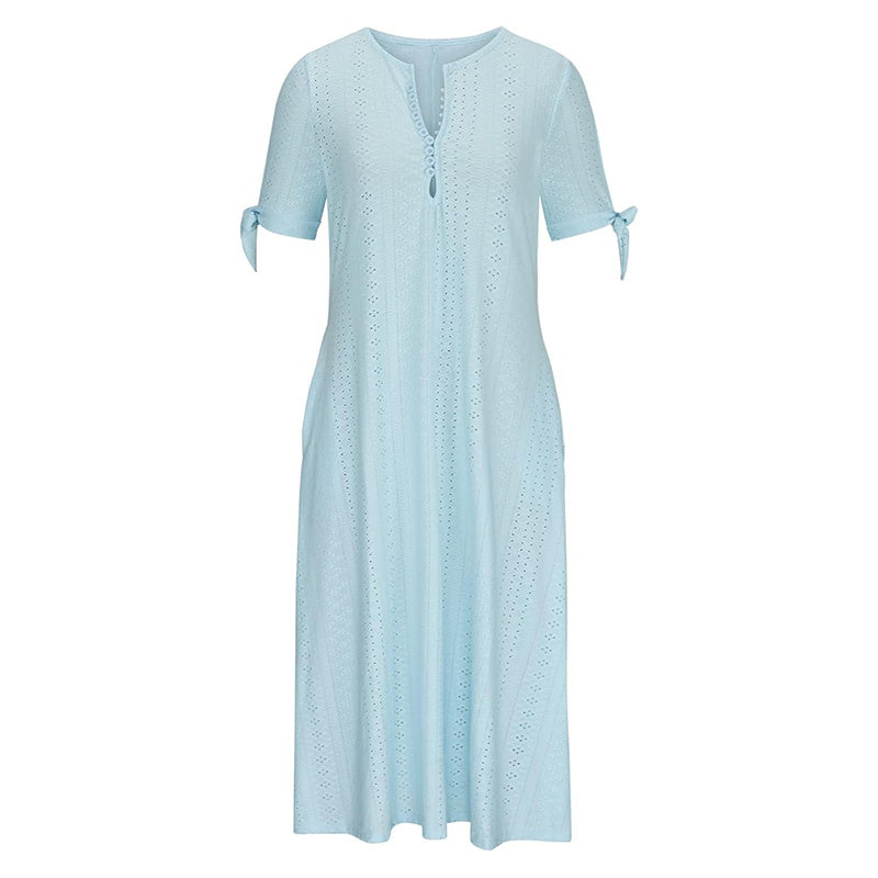 Women's Eyelet V-Neck Maxi Dress Short Sleeve Flowy A-Line Summer Beach Dress