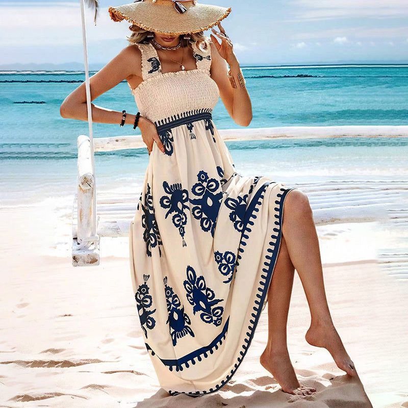 Women's Wide Strap Printed Maxi Dress With Bust Pleats, A-Line Vacation Dress