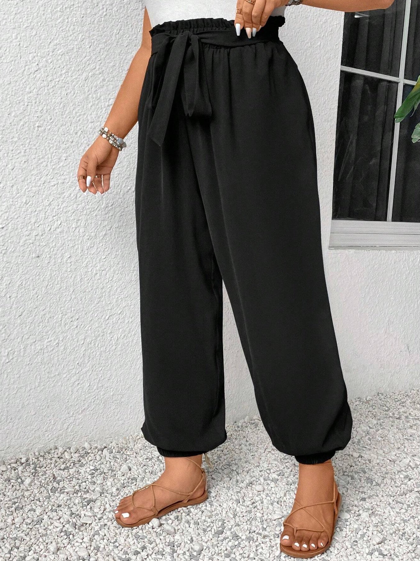 Women's Plus Size Cuffed Pants - Summer Casual Elastic Waist Long Trousers With Pockets And Belt