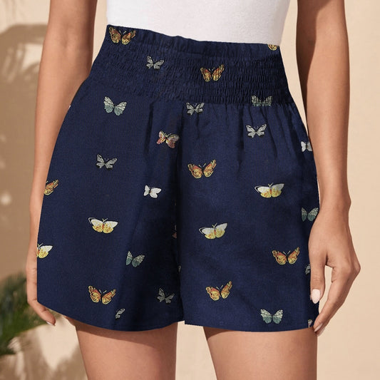 Ladies' Butterfly Print Elastic Waist Fashionable Casual Shorts