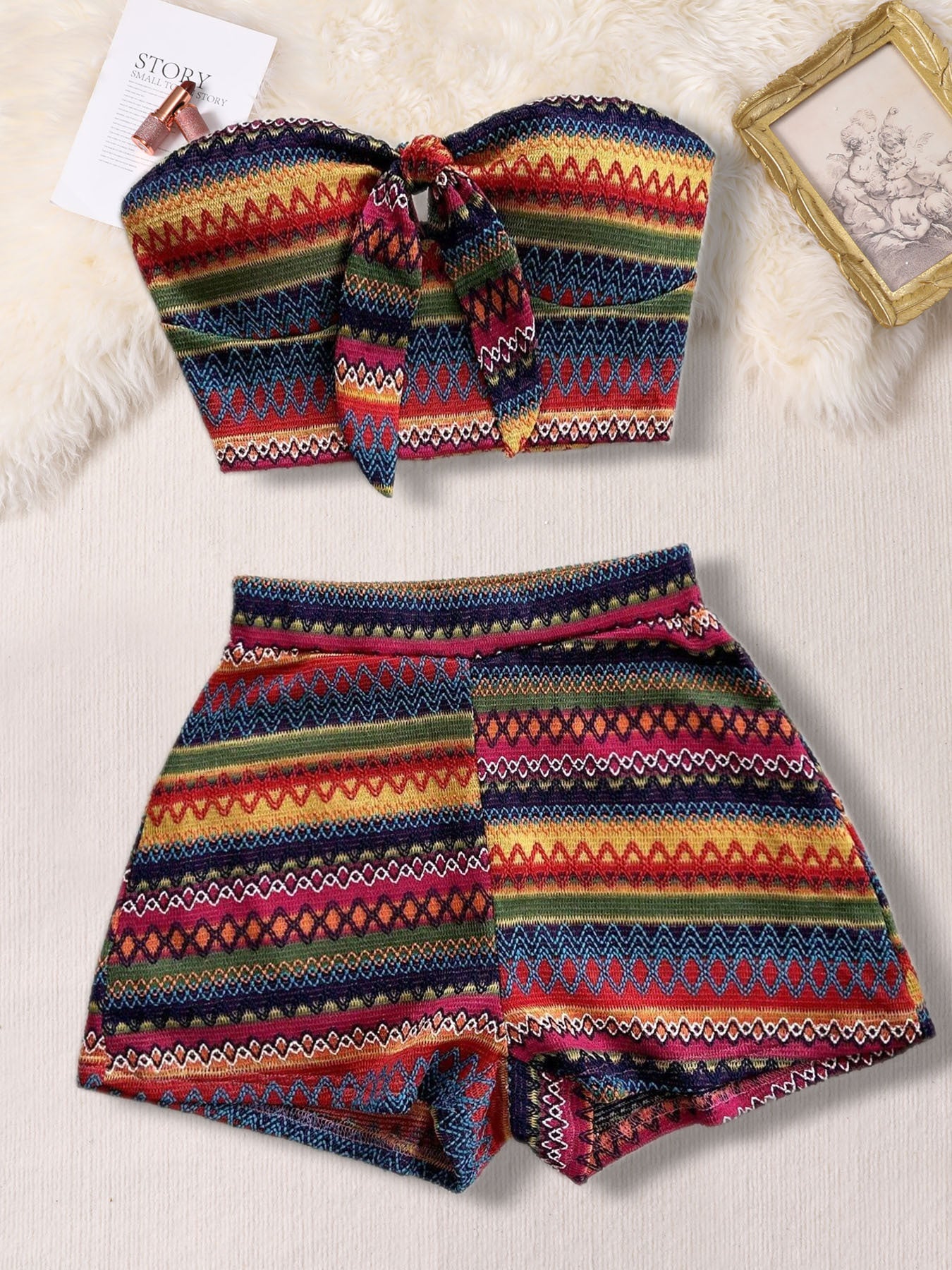 Women's Sexy 2pcs Set  Summer  Colorful Striped Elastic Suitable For Vacation And Daily Travel