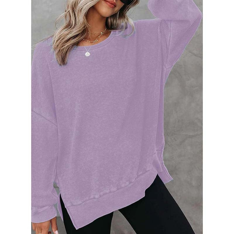 Womens Waffle Knit Crewneck Sweatshirts Long Sleeve Side Slits Casual Pullover Sweatshirt Tops