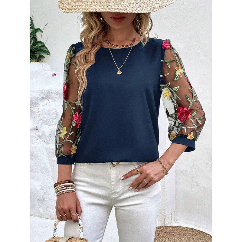 Women's Floral Embroidery Contrast Mesh Puff Sleeve Crew Neck Tee Shirt Tops