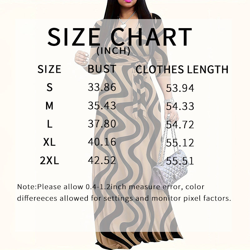 Women's Summer Geometric Print Maxi Dresses Casual 3 4 Sleeve V-Neck Tie Waist Long Dress