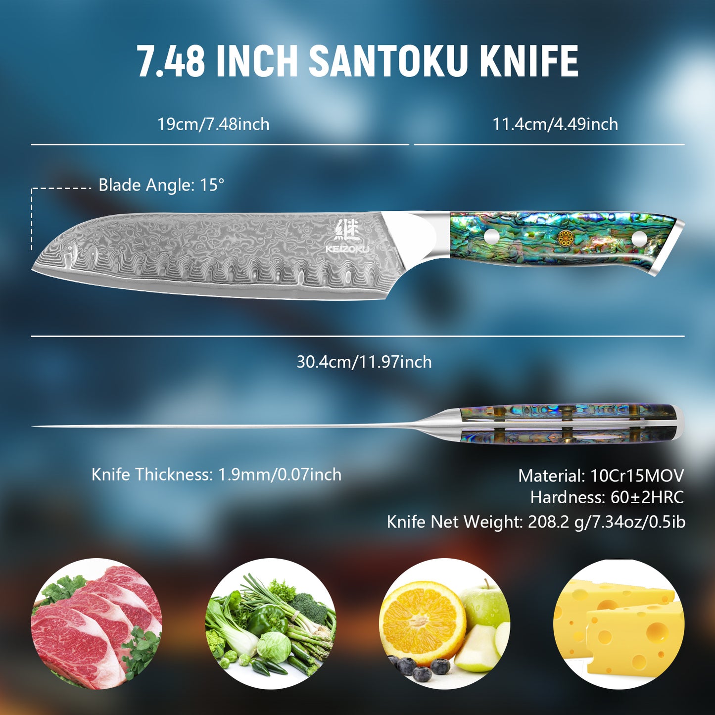 Damascus Steel Chef Knife 8 Inch, Santoku Knife, Boning Knife, Japanese Professional 10Cr15MOV Blade With Hand Forged Hammer Pattern, Ultra Sharp Kitchen Knife With Abalone Shell Ergonomic Handle