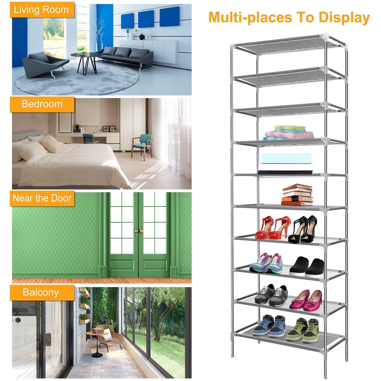 10 Tiers Shoes Rack Shelves 27 Pairs Shoes Storage Organizer Stand Non-Woven Fabric Detachable Shoes Tower Stackable Shoes Storage Rack For Entryway