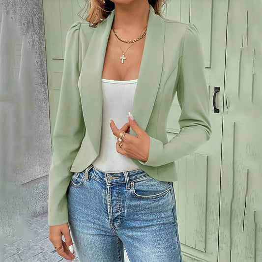 Women's Lapel Casual Sport Jacket Long Sleeve Button Front Blazer, Solid Color Jacket For Spring & Fall
