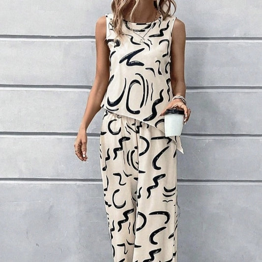 Ladies' Round Neck Irregular Hem Abstract Vest And Loose Wide Leg Pants Set