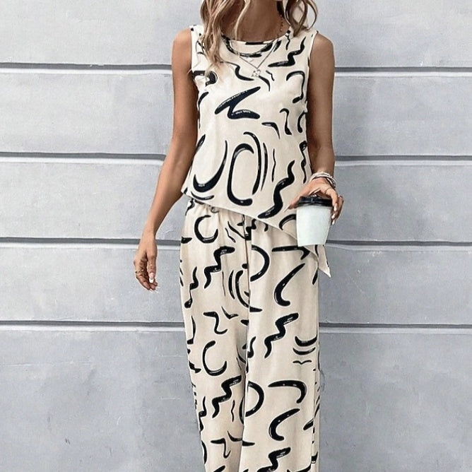 Ladies' Round Neck Irregular Hem Abstract Vest And Loose Wide Leg Pants Set