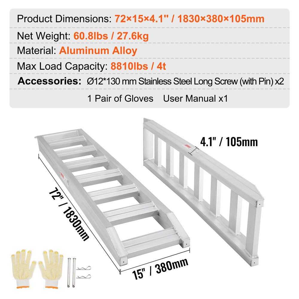 VEVOR Aluminum Ramps, 8810 Lbs, Heavy-duty Ramps With Top Hook Attaching End, Universal Loading Ramp For Motorcycle, Tractor, ATV UTV, Trucks, Lawn Mower, 72inL X 15inW, 2Pcs