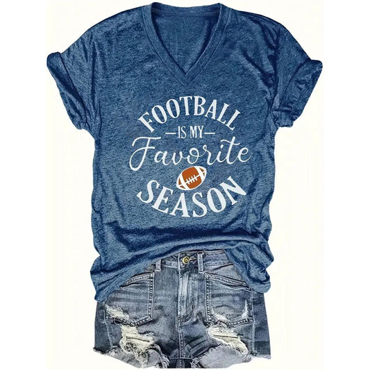 Women's V-Neck Short Sleeve T-Shirt With Letter & Football Print, Casual Summer Tee
