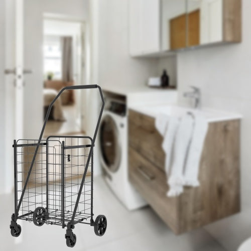 Shopping Cart With Open Door,Grocery Cart On Wheels, Foldable Utility Shopping Carts With Double Basket And 360  Rolling Swivel Wheels For Groceries Laundry