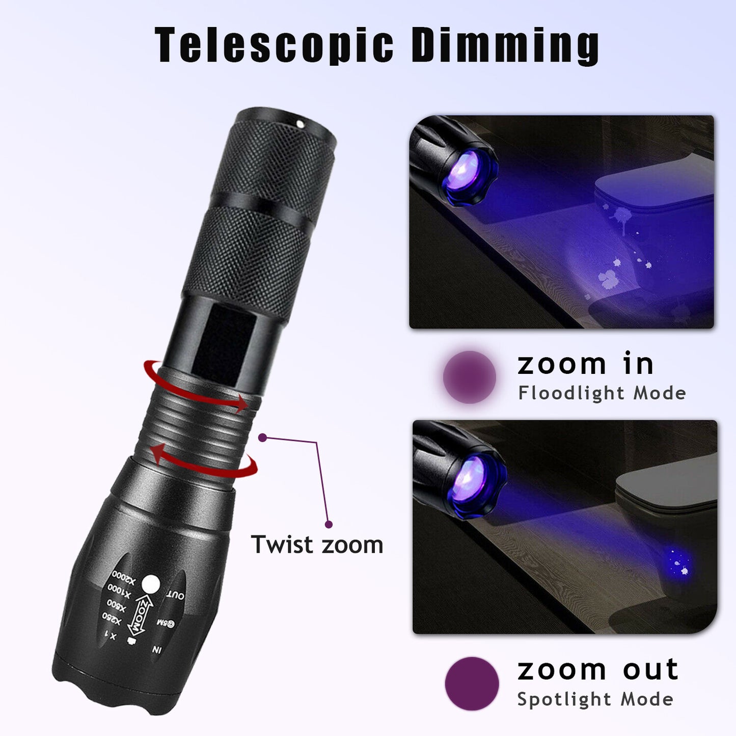 UV Torch Ultra Violet Flashlight Zoomable Blacklight Lamp LED Super Bright 250000lm 2 In 1 395nm Mini Pocket Inspection Light