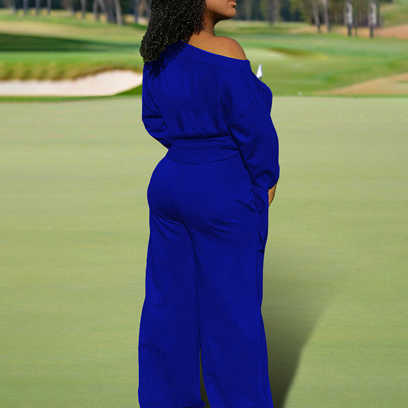 Women's One-Shoulder Casual Set - Solid Color Long Sleeve Top & Elastic Waist Pants With Drawstring & Pockets For Spring & Fall