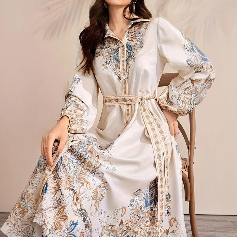 Women's Elegant Casual Knee-Length Dress - Drawstring Long Sleeves, Middle Eastern Lapel Print Adjust Tie Waist Belt Vacation & Party Dress