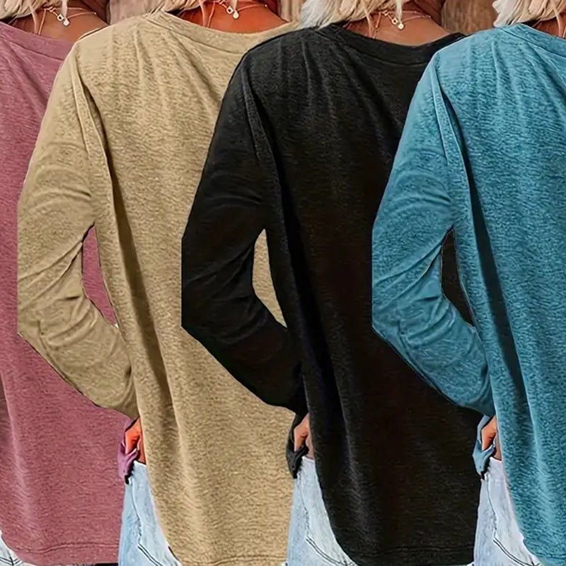 4 Pack Women's Solid Color Casual Set Round Neck Long Sleeve Tops For Spring&Fall