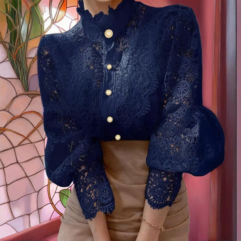 Elegant Women's Vintage Pearl Button Lace Blouse - Puff Sleeve Semi-Sheer Ruffled Stand Collar Shirt Spring&Summer Office & Vacation Top