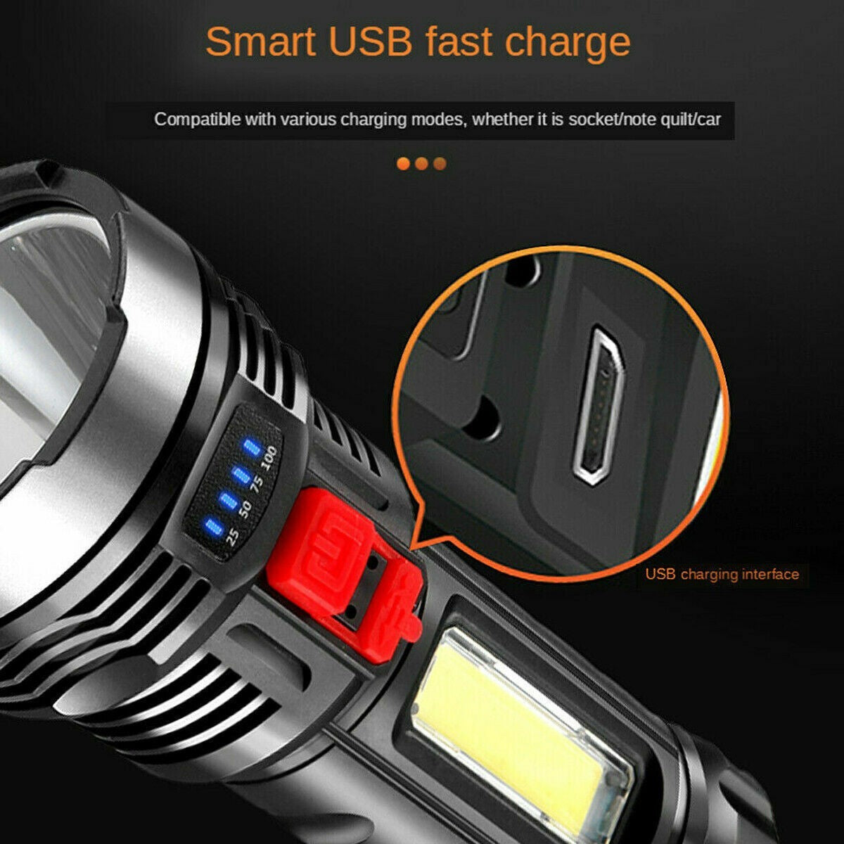 LED Flashlight Torch Rechargeable Work Light Built-in Battery