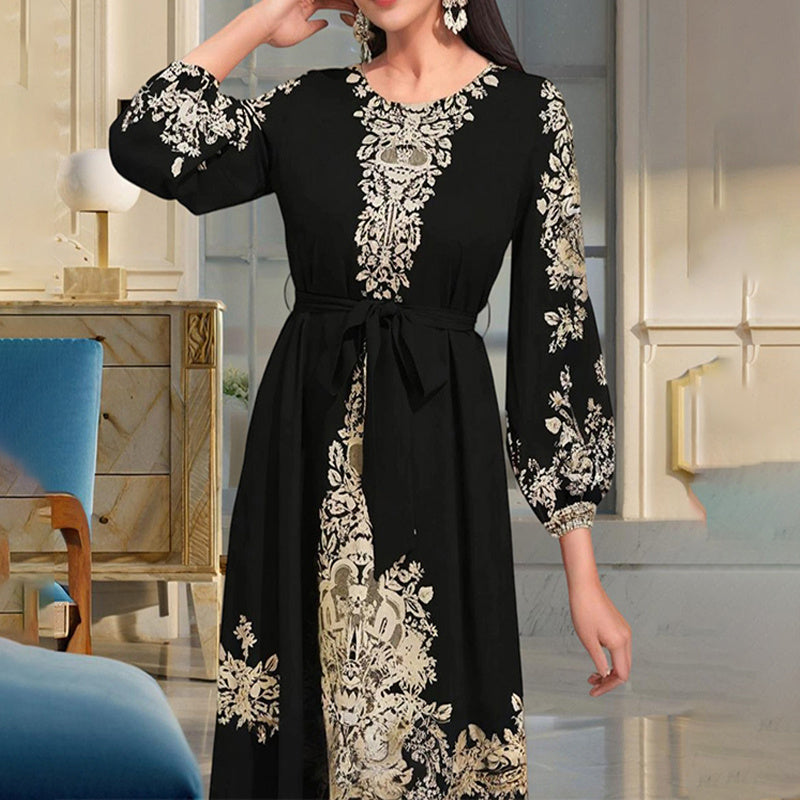 Women's Bohemian Floral Print Dress Ethnic Middle Eastern Style Long Sleeve Tiered Maxi Dress With Drawstring Waist