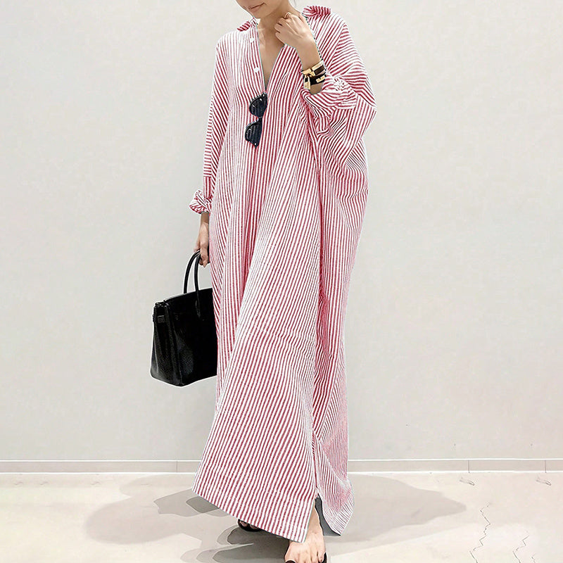 Womens Striped Long Sleeve Dress Casual Loose Button Down Maxi Shirt Dress