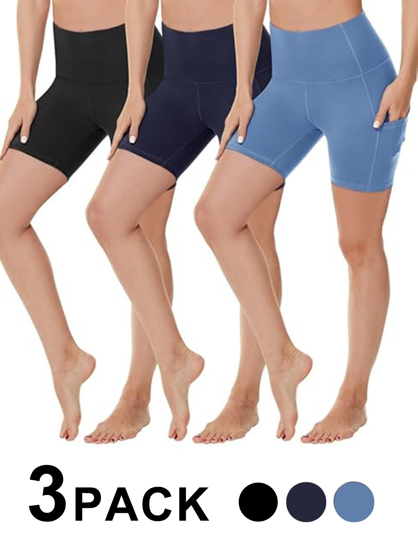 Yoga Pants - Three Points High Waist, 3 Pairs Of Black, Zhangqing, Light Blue