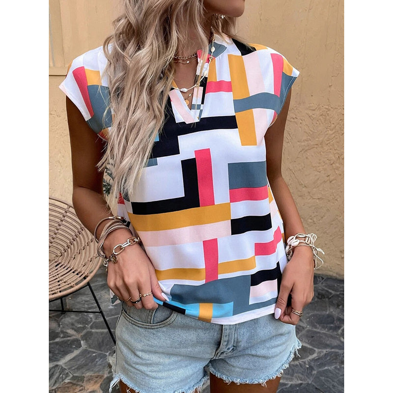 Womens Summer Tops Trendy Geometric Pattern Cap Sleeve V Neck T-Shirts Dressy Casual Short Sleeve Blouses
