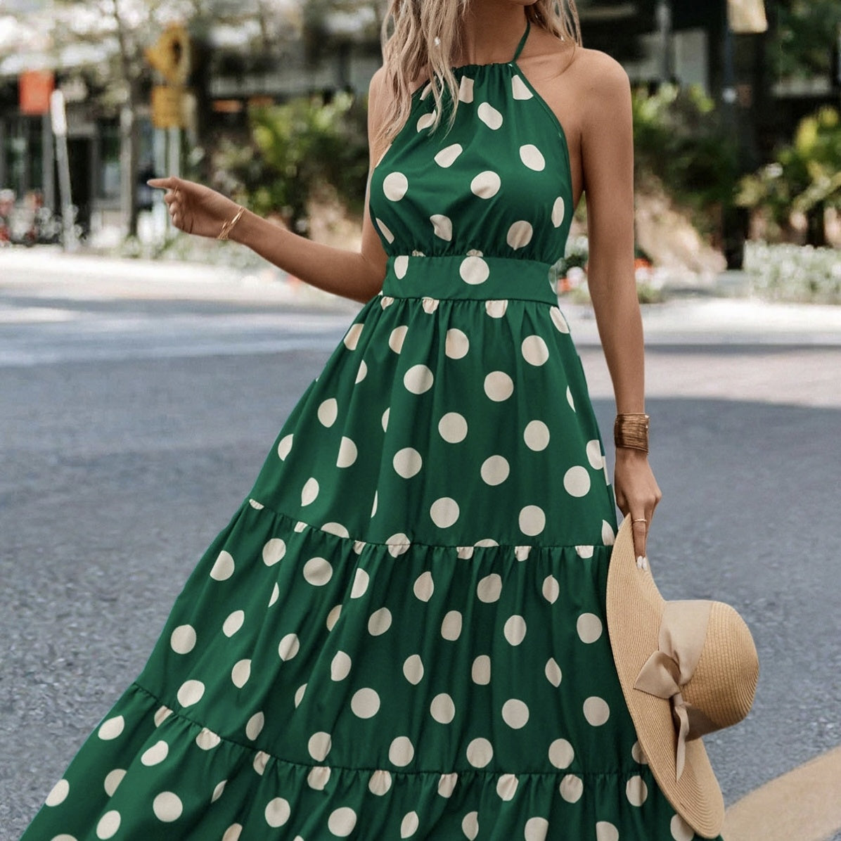 Ladies' Solid Color Summer Fashion Ear Edge A Pendant Shoulder Hanging Neck Detail Dot Printed Dress