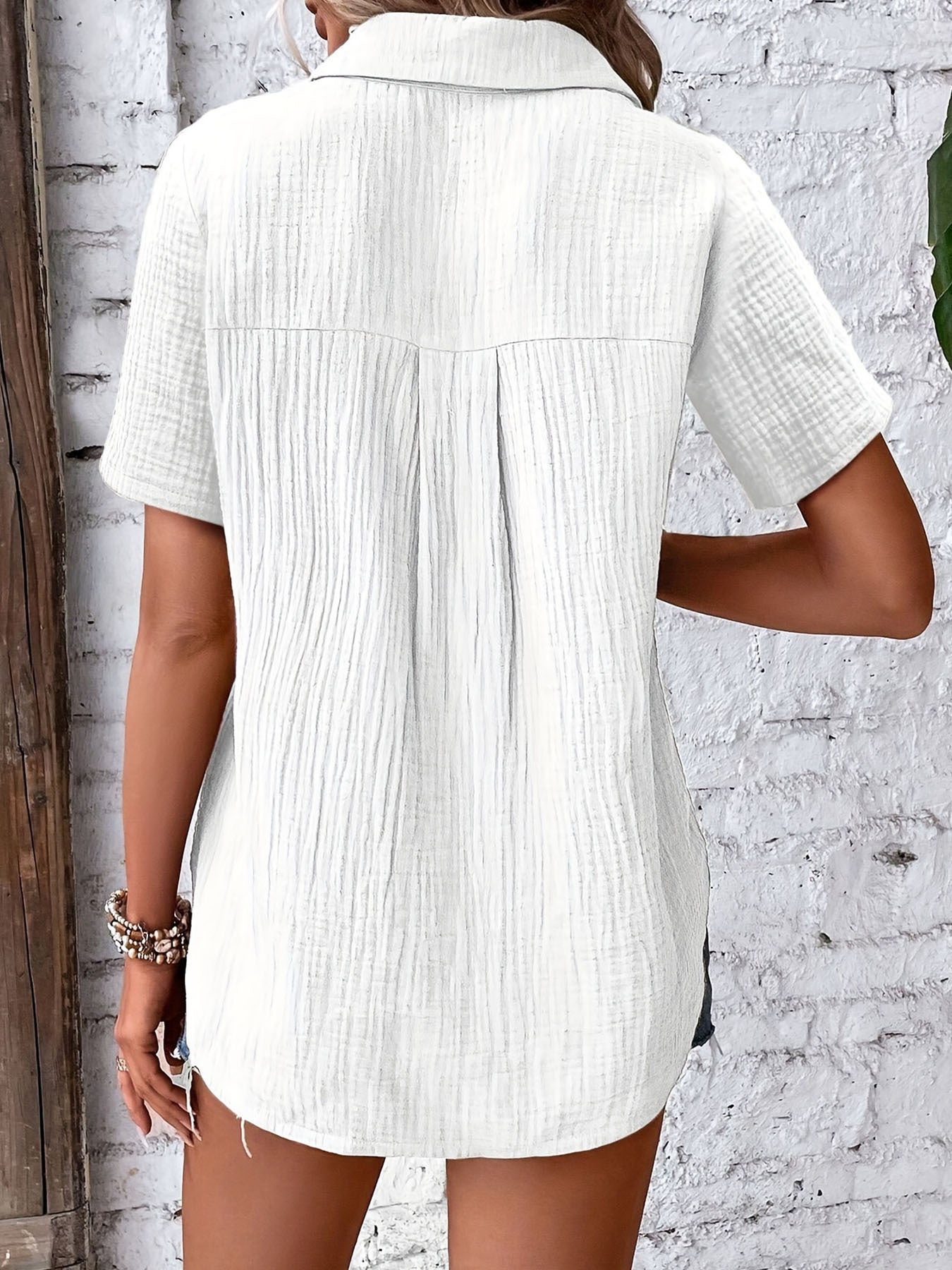 Hic Summer Women's V-Neck Blouse - Casual Short Sleeve Button-Up Shirt With Chest Pocket, Solid White, Lightweight & Breathable For Casual   Attire