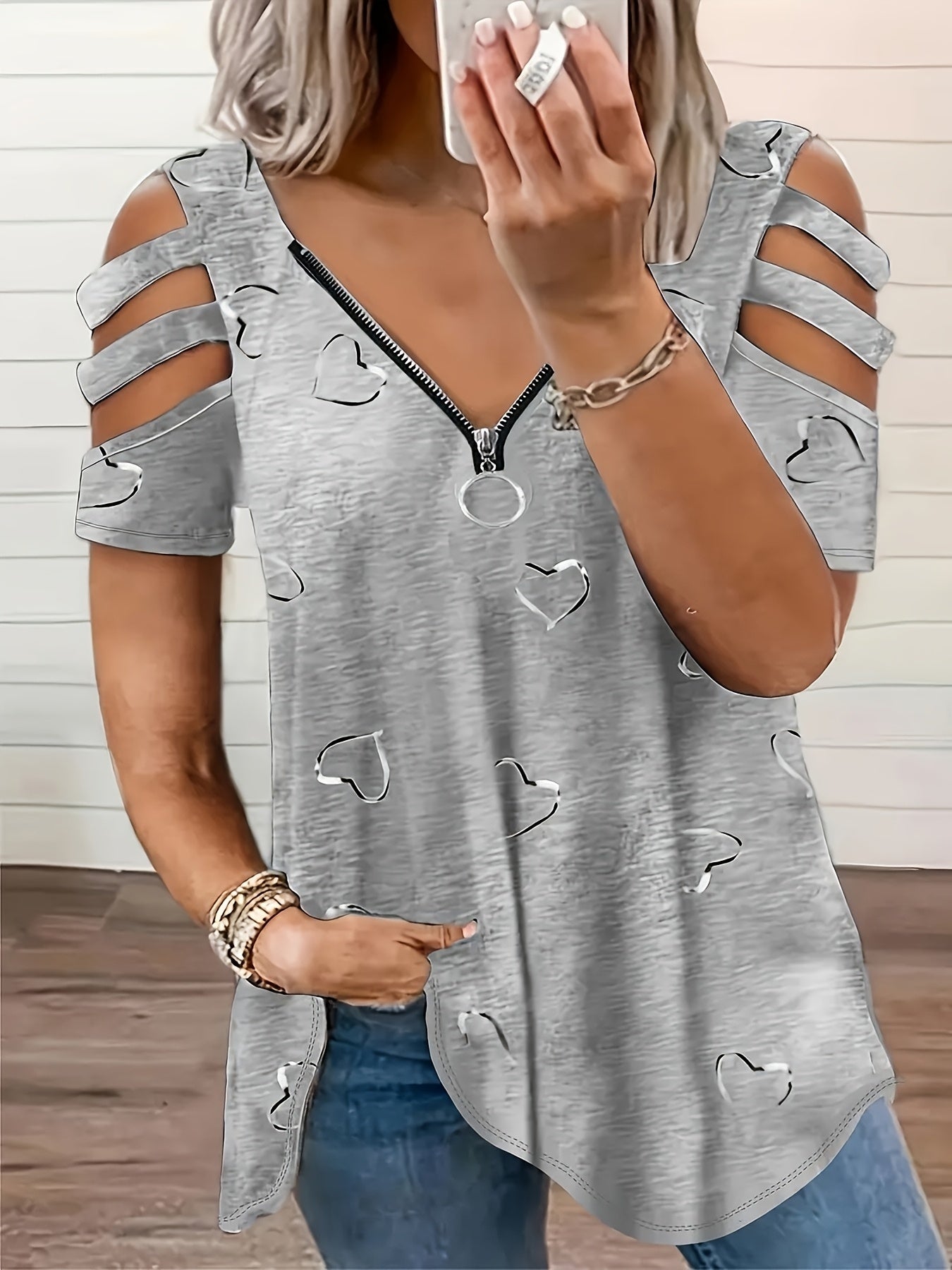 Self-pick-up Plus Size Women'S Casual Heart Print Zipper Short Sleeve Off Shoulder T-Shirt Only Self-pickup Is Supported