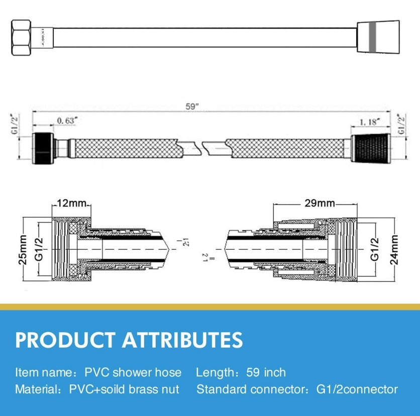 PVC Shower Hose 59 In Extra Long Smooth Handheld Shower Hose Flexible Anti-Kink Handheld Shower Head Hose With Brass Spin Inner Core White
