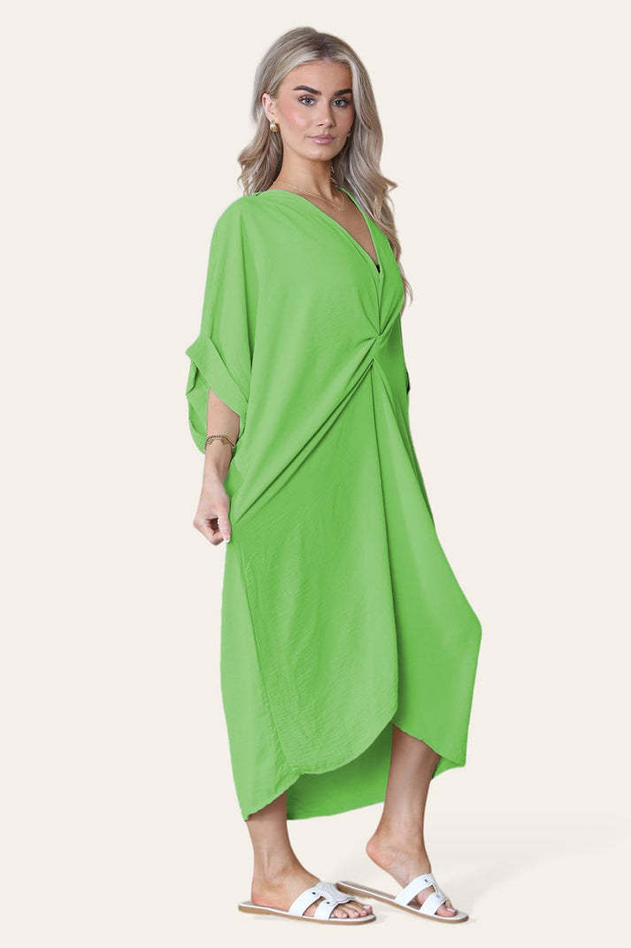 Womens V-Neck Tie Knotted Twisted Front Oversized Longline Midi Dress