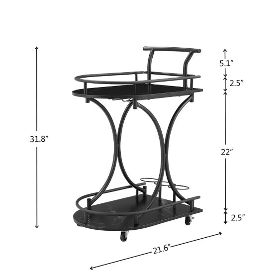 2-Tier Bar Cart,Black Wine Cart With Wine Rack & Glass Holder,Mobile Bar Serving Cart,for Party,Home,Rolling Drink Trolley For Living Room