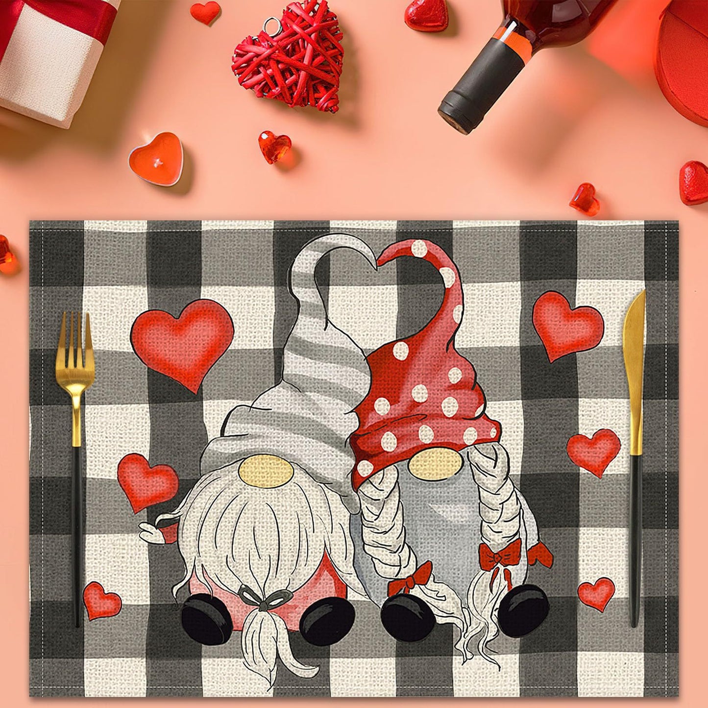 Valentines Day Placemats Set Of 4, 17x12.5 Inches With Gnomes And Hearts Pattern For Holiday Parties And Family Gatherings,Amazon Is Banned