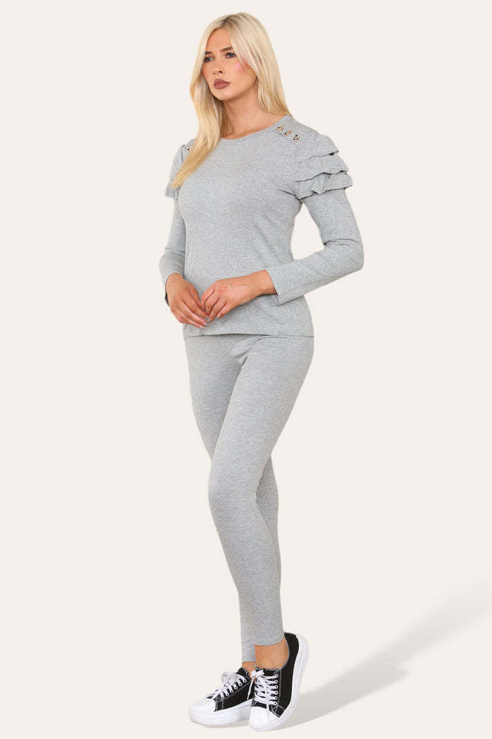 Frilled Sleeves Set Shoulder Golden Button Lounge Wear Suit