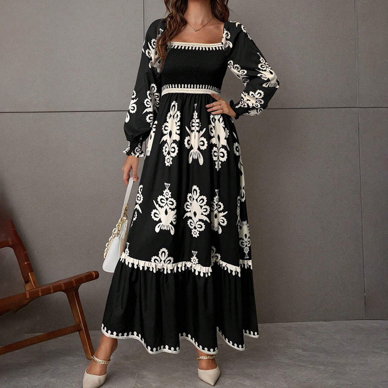 Elegant Women's Retro Geometric Print Lantern Sleeve Dress - Square Neck A-Line With Elastic Cuffs, Casual & Formal Dress