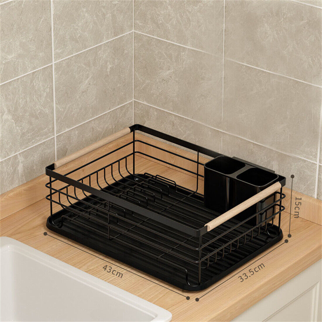 Black Large Dish Drainer Rack With Drip Tray Cutlery Holder Plate Kitchen SinK