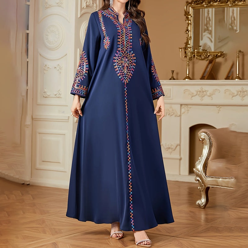 Elegant Women's Long Sleeve Floor-Length Dress - Stand Collar With Geometric Print & Sequins Detail Dress For Casual&Party Wear