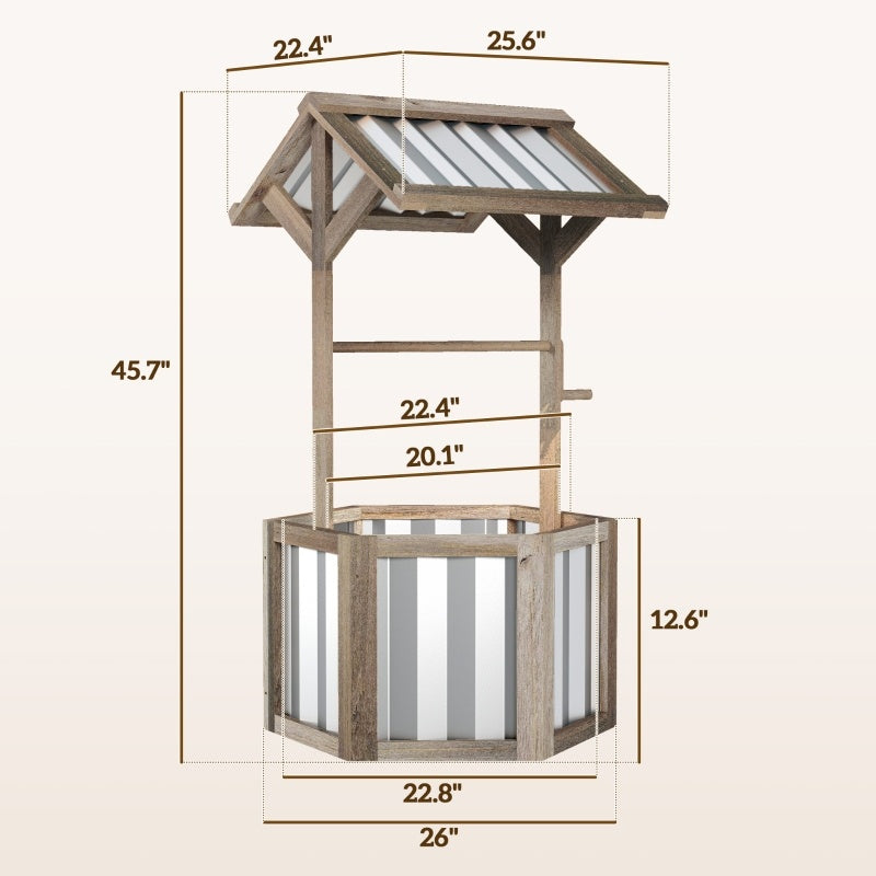 Wooden Wishing Well Planter, Raised Garden Bed With Galvanized Canopy, Hexagon Raised Flower Bed For Garden, Light Gray