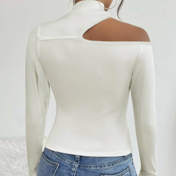 Ladies' Solid Color Elegant High Neck Sloping Shoulder Off The Shoulder Sexy T-shirt Top