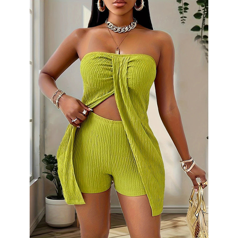 Women's 2 Piece Outfits Elegant Textured Strapless Ruched High Slit Tube Top And High Waist Skinny Shorts Shorts Set