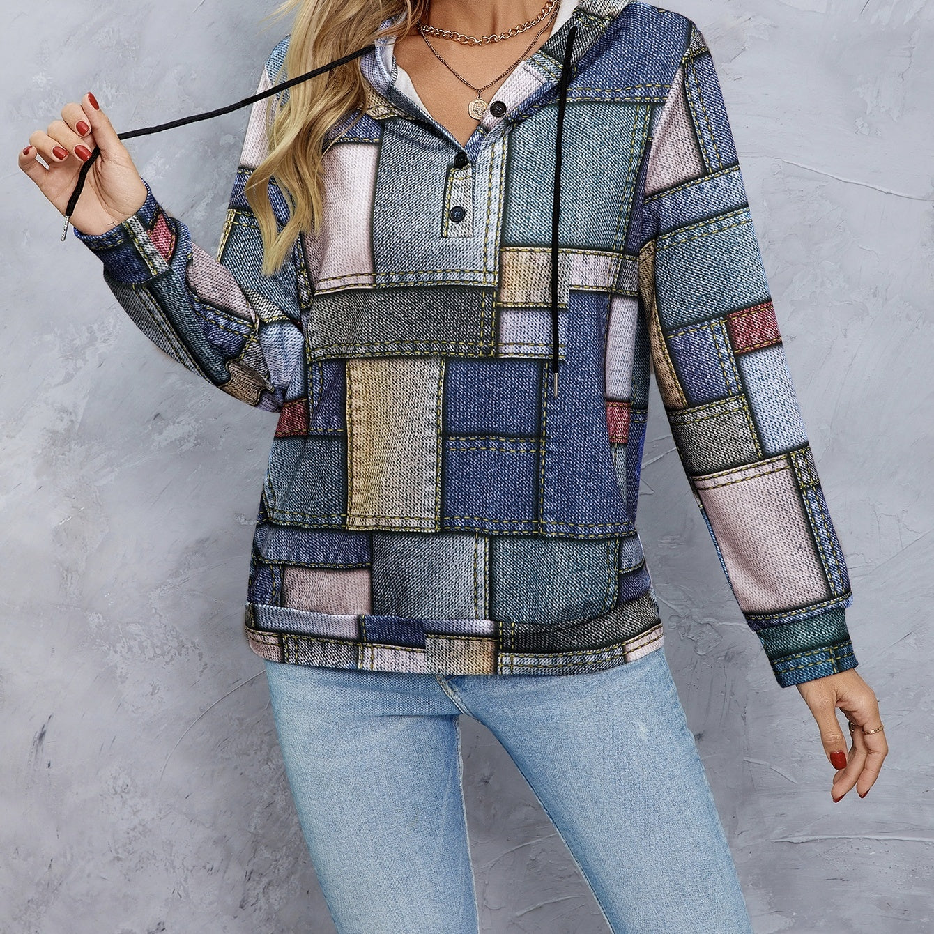 Women's Hooded Geometric Print Drawstring Fashionable Casual Hoodie Top