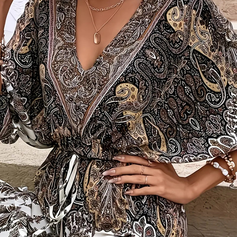 Women's Vintage Floral Butterfly Print Dress - Batwing Sleeve, Deep V-Neck & Ruffle Waist With Tie Detail