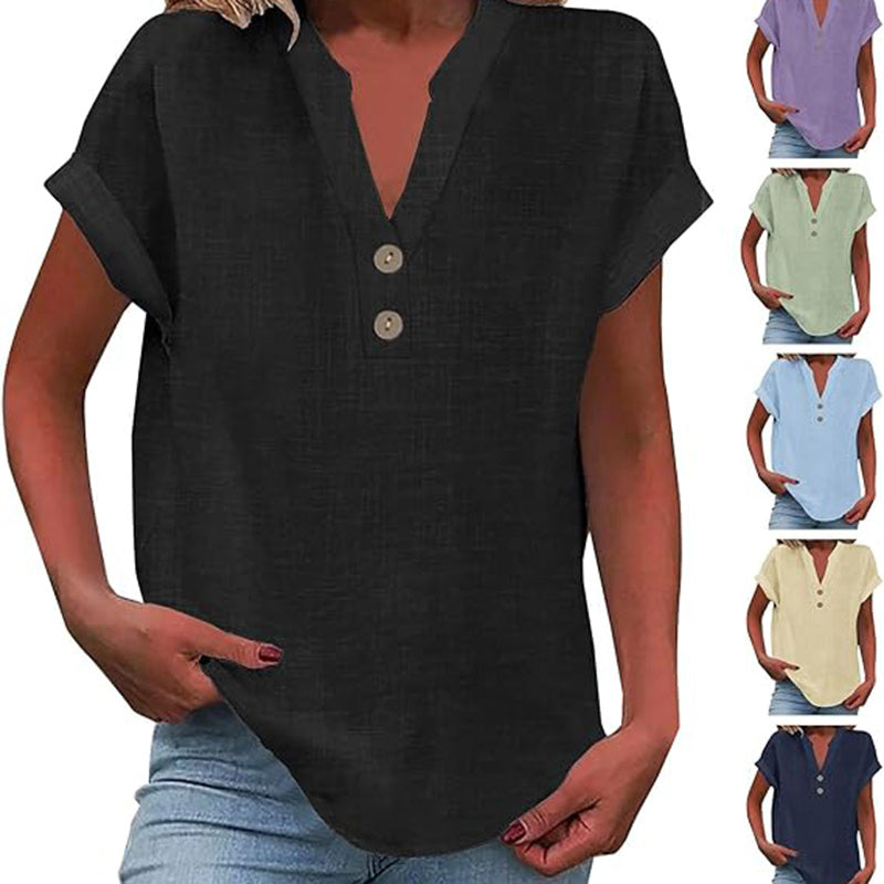 Women's Solid Color V-Neck Short Sleeve Blouse Button Detail, Summer Casual & Work T-Shirt