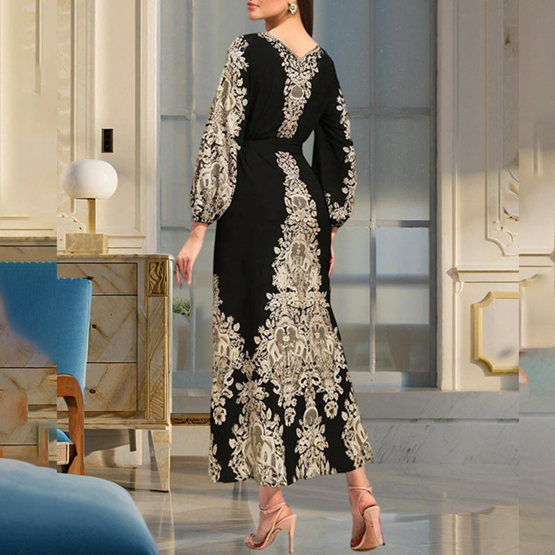 Women's Bohemian Floral Print Dress Ethnic Middle Eastern Style Long Sleeve Tiered Maxi Dress With Drawstring Waist