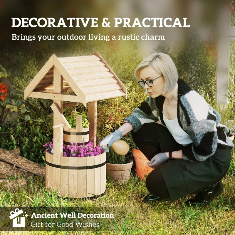 Wood Wishing Well For Outside With Hanging Bucket, Wishing Well Planter With Drain Hole For Garden Patio, Natural